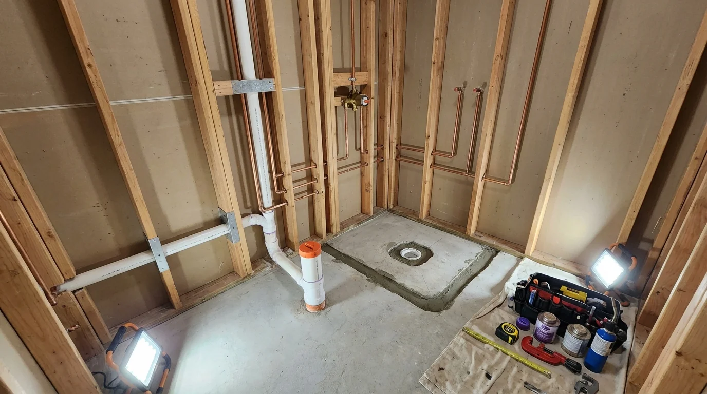 Bathroom rough-in plumbing during remodel by Johns Plumbing LLC in Salida